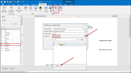 Mail merge to multiple PDF files and encrypt each PDF file with an individual password