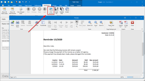 Print preview of a master-detail mail merge