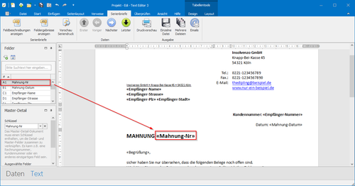 Mahnung-Daten als Serienbrief-Felder in einem Text-Dokument positionieren
