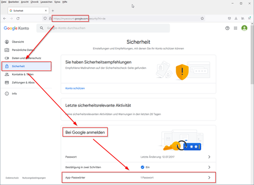 Gmail Sicherheit-Einstellungen öffnen und App-Passwort konfigurieren