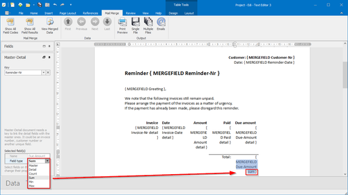 Define aggregated sum field in a master-detail mail merge