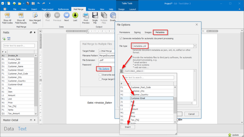 Insert a mail merge field into the metadata editor