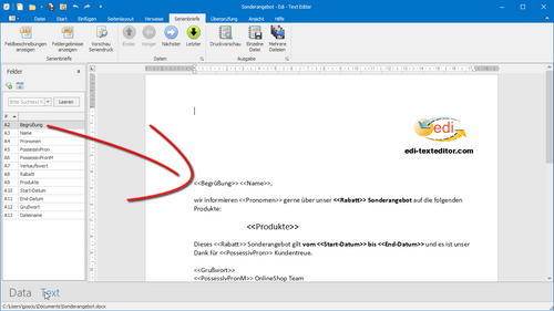 Serienbrief-Felder im Text-Dokument positionieren
