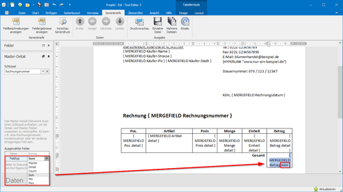 Summen-Feld in einem Master-Detail Serienbrief definieren