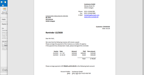 Show preview of the invoice payment reminder as a serial letter