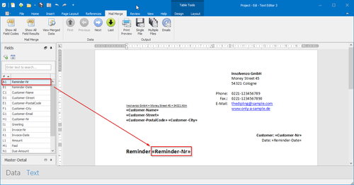 Define mail merge fields in the text document