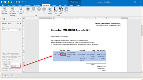 Define detail fields in a master-detail mail merge