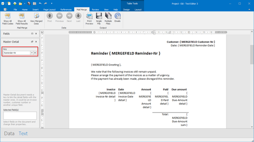 Set the key in a master-detail mail merge